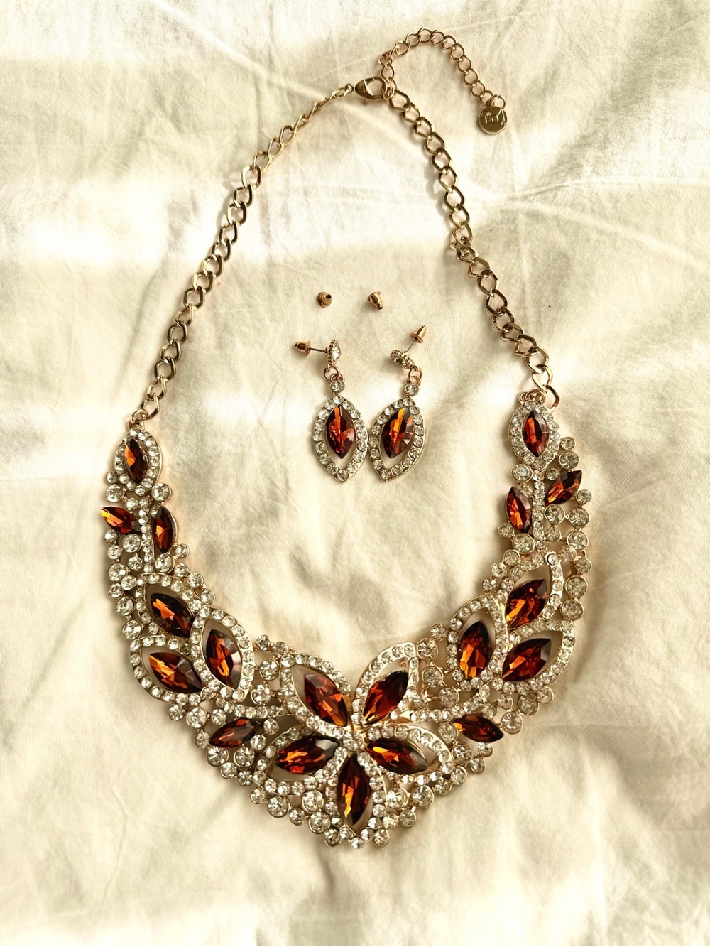 Gold-Tone Statement Necklace & Earrings Set with Amber Crystals